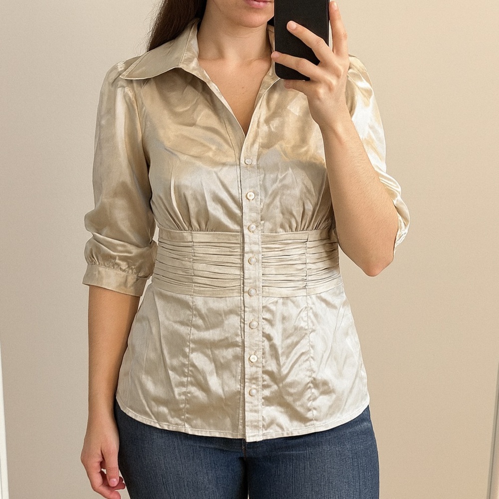 Vintage Suzy Shier Y2K Fitted Collared Blouse‎ Buttons Ruched Grunge Coquette M